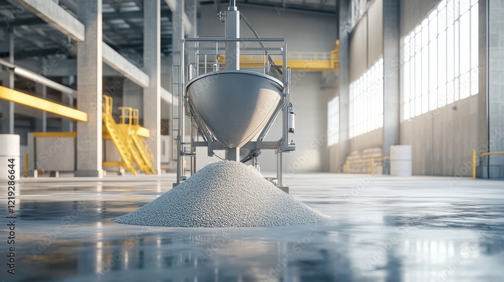 Poster automated industrial mixer with hopper filled with dry plaster, awaiting water addition, for efficie