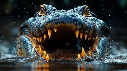 Obraz premium Large aggressive crocodile showing teeth in dark water