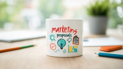 Marketing Ideas and Proposals on a Coffee Mug with Colorful Drawings in a Bright Office Environment
