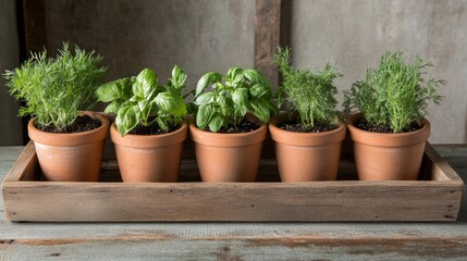 Fototapeta premium Five herb pots in wooden tray on rustic table