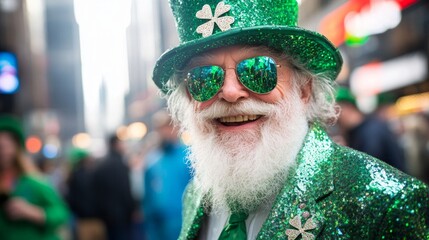 Festive elderly caucasian male celebrates st. patrick's day in glittering green attire