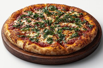 Delicious margherita pizza topped with fresh basil leaves on a wooden platter