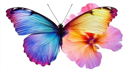 A vibrant butterfly resting on a bright flower, with its wings spread wide, on a white isolated background