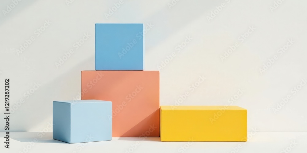 Poster pastel-colored cubes arranged in a modern minimalist composition on a white surface with soft sunlig