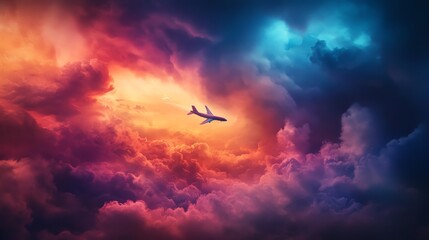 Fototapeta premium An airplane flies through dramatic clouds with vibrant colors, creating a stunning contrast in the sky.