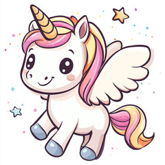 Naklejka premium A cute cartoon unicorn with pastel colors, wings, and a horn, surrounded by colorful stars, against a white background.