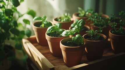 Fototapeta premium Sunny kitchen herb garden with potted basil and mint in terracotta pots