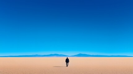 Lone Traveler in a Vast,Minimalist Landscape with Endless Horizon