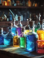 colored potion bottles in laboratory background