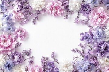 Beautiful spring floral frame with pastel Peony flowers on white background, purple and lilac color theme, flat lay, empty space in the center for text 