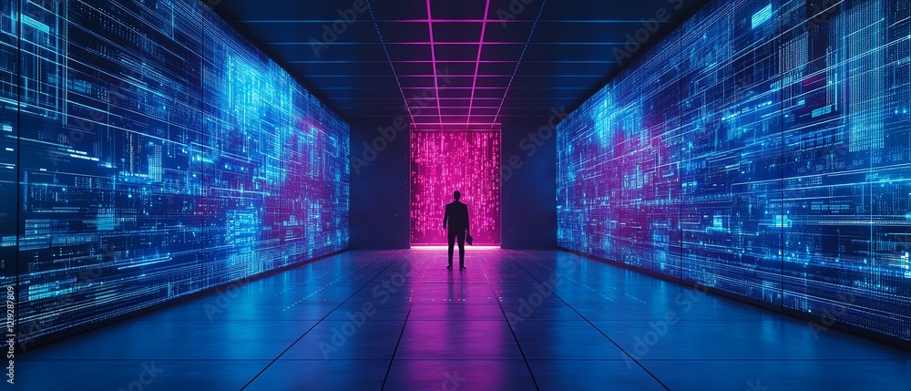 Poster scales of justice illuminated in front of a sleek data center, glowing digital lines and data stream