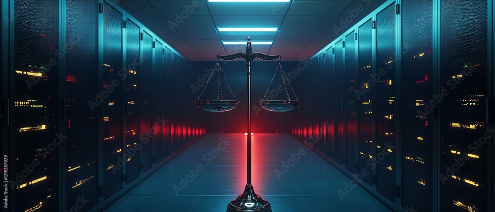 Poster scales of justice illuminated in front of a sleek data center, glowing digital lines and data stream