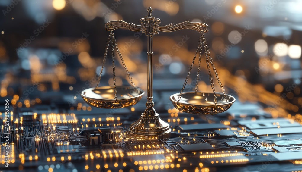 Poster scales of justice overlaid with digital circuits, set against a backdrop of a data center, balancing