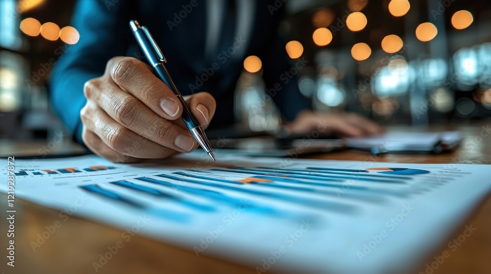 Poster analyzing business data: a close-up of hands reviewing financial charts and graphs