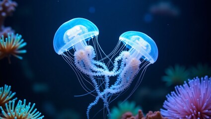 Obraz premium Two bioluminescent jellyfish dance amidst vibrant coral, their glowing bodies casting an ethereal light on the serene, deep-sea environment.