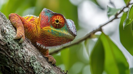 A chameleon blending into its surroundings, with its colorful body camouflaged on a tree branch, on a white background