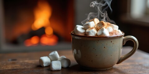 Warm Cocoa Delight A Cozy Mug of Steaming Hot Chocolate Topped with Fluffy Marshmallows by a Crackling Fireplace