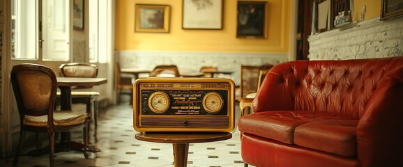 Vintage radio on table in antique cafe.