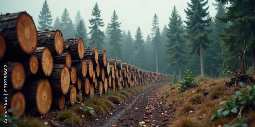 Aufkleber a misty forest path lined with neatly stacked timber logs, showcasing the natural beauty and resourc