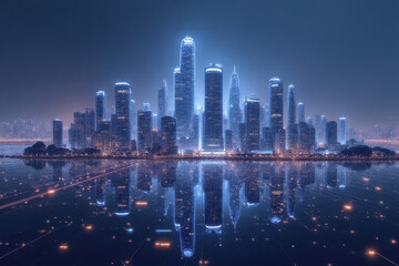 Obraz premium futuristic city skyline with illuminated skyscrapers reflecting on water
