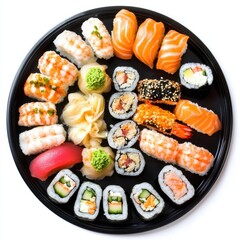 A gourmet sushi platter with assorted rolls and sashimi, isolated white background, pop art style