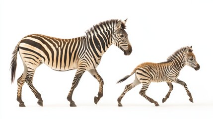 Obraz premium A zebra foal running alongside its mother, with its distinctive black and white stripes, on a white isolated background