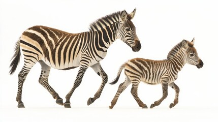 Obraz premium A zebra foal running alongside its mother, with its distinctive black and white stripes, on a white isolated background
