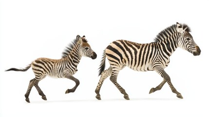 Obraz premium A zebra foal running alongside its mother, with its distinctive black and white stripes, on a white isolated background