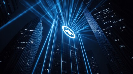 Brand visibility displayed through radiant beams of light projecting glowing logo silhouette onto dark skyscrapers showcasing brand prominence and recognition
