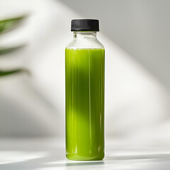 Refreshing green juice in a clear bottle, ready to be enjoyed. Perfect for a healthy lifestyle.