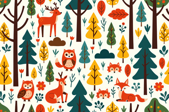 Enchanting Forest Illustration for International Day of Forests: Featuring Playful Woodland Creatures and Lush Trees, perfect for Celebrating Nature