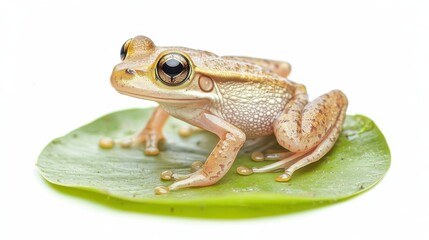 Fototapeta premium A small frog perched on a lily pad in a calm pond, with its large eyes staring forward, on a white isolated background