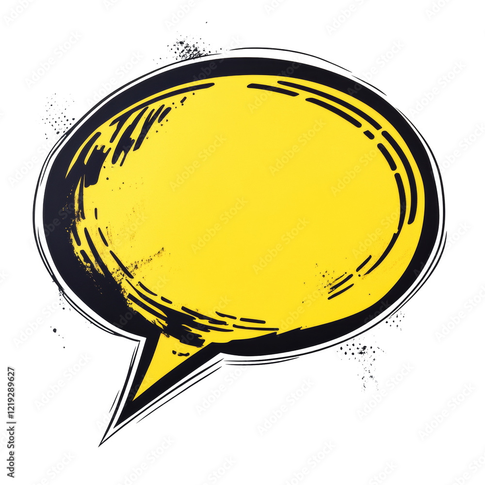 Poster The image shows a stylized yellow speech bubble with a black outline against a black background, suitable for communication or dialogue concepts.