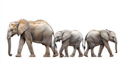 Fototapeta premium A family of elephants walking together across the African savannah, with the sun setting in the background, on a white isolated background
