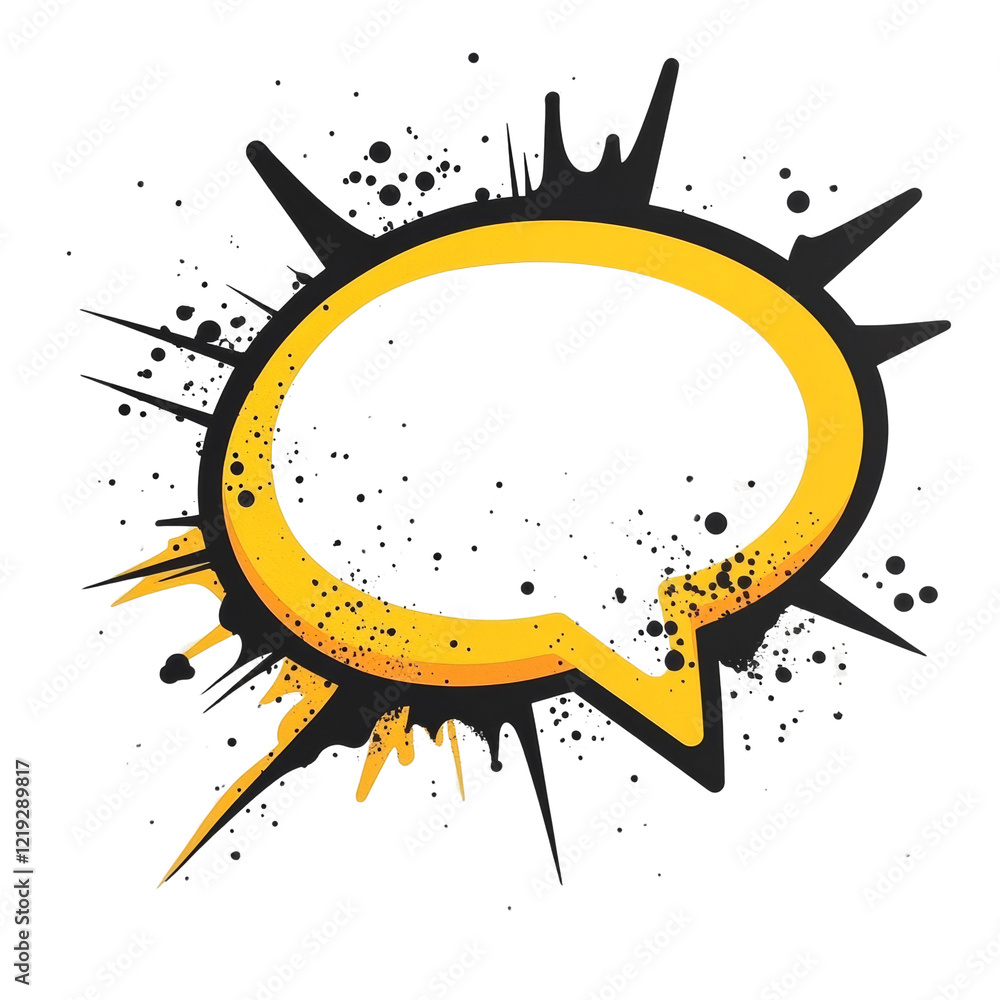 Poster a stylized yellow speech bubble with black splatter and droplets forming an abstract design.