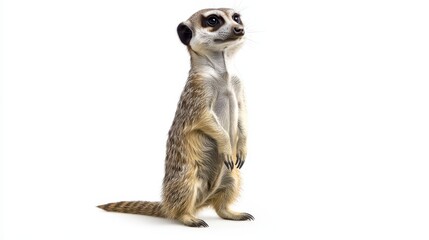 A meerkat standing upright, scanning the horizon for danger, on a white isolated background