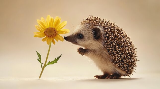 A cute hedgehog sniffing a flower, with soft brown spines,