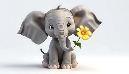 Obraz premium Adorable Baby Elephant Holding Flower 3D Render