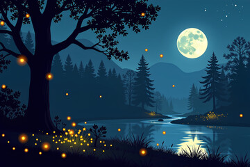 Magical Night Forest Scene with Fireflies and Full Moon for International Day of Forests