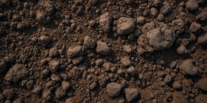 Dark, Cloddy Dirt Texture Surface: A Natural Composition of Dark Brown Dirt Texture with Varied Sized Clods Creating a Rough, Uneven Surface with Deep Shadows.