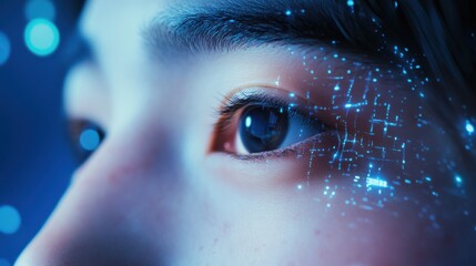 Face biometrical recognition system identify user personality app login closeup. Futuristic security protocol verification process with biometrics analysis application. Innovative cyber protection.