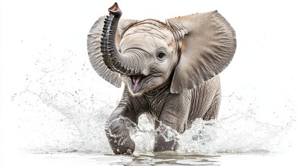 A baby elephant splashing in the water, with its trunk raised in the air, on a white isolated background