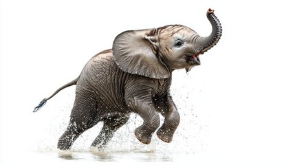 Obraz premium A baby elephant splashing in the water, with its trunk raised in the air, on a white isolated background