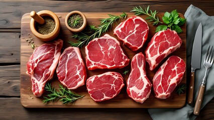 Variety of Raw Black Angus Prime meat steaks Blade on bone, Striploin, Rib eye, Tenderloin fillet mignon on wooden board