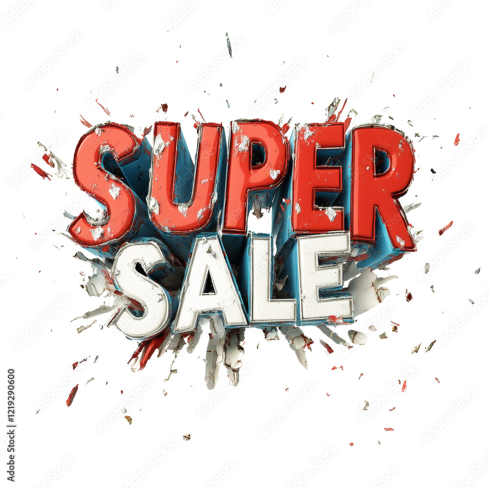 Poster a 3d rendered image depicts the words super sale in exploding red white and blue letters against a b