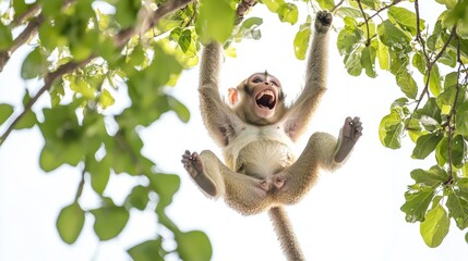 A playful monkey swinging from a tree, with a big grin on its face, on a white isolated background