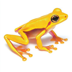 Vibrant yellow frog, red accents, striking eyes, isolated.