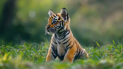 Fototapeta premium A baby tiger sitting in the grass, looking playful, with its golden fur contrasting with the green backdrop, on a white background