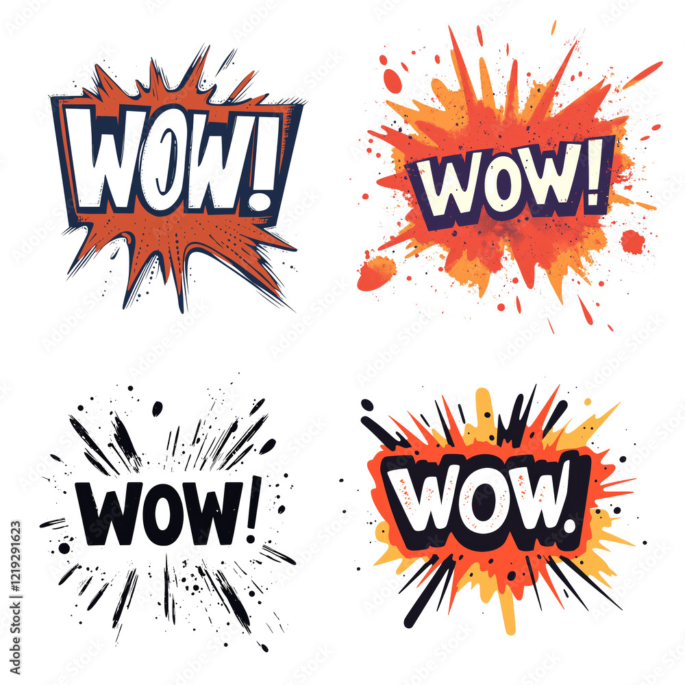 Poster four different graphic designs featuring the word wow in a comic book style with various colored exp
