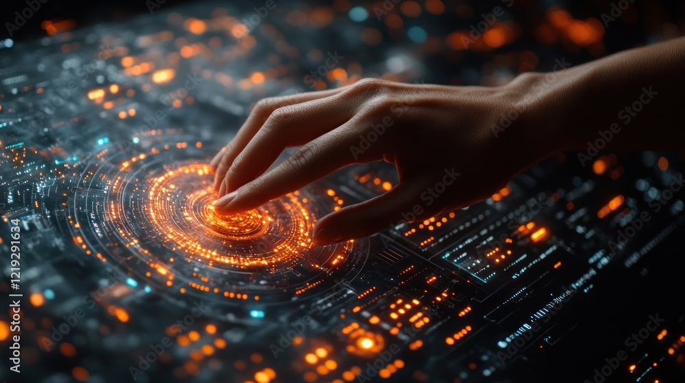 Poster digital interaction: a hand interacting with a futuristic interface